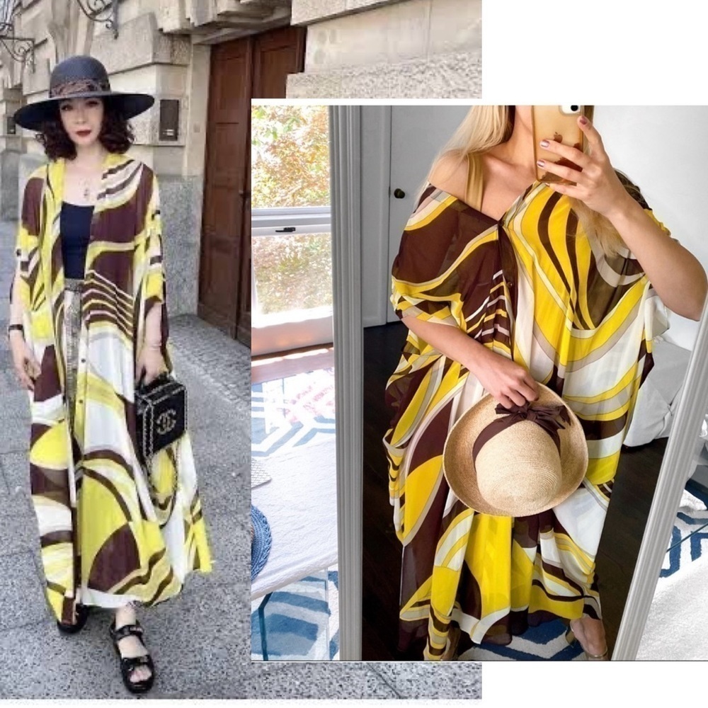 Zara yellow brown kaftan chiffon button front shawl cardigan beach coverup M NWT